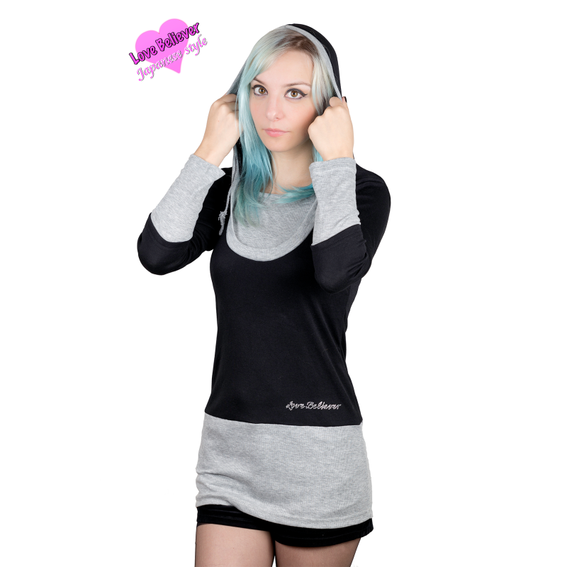 Love Believer™ Maglia J-Rock Nera E Grigia con Cappuccio Japanese Style